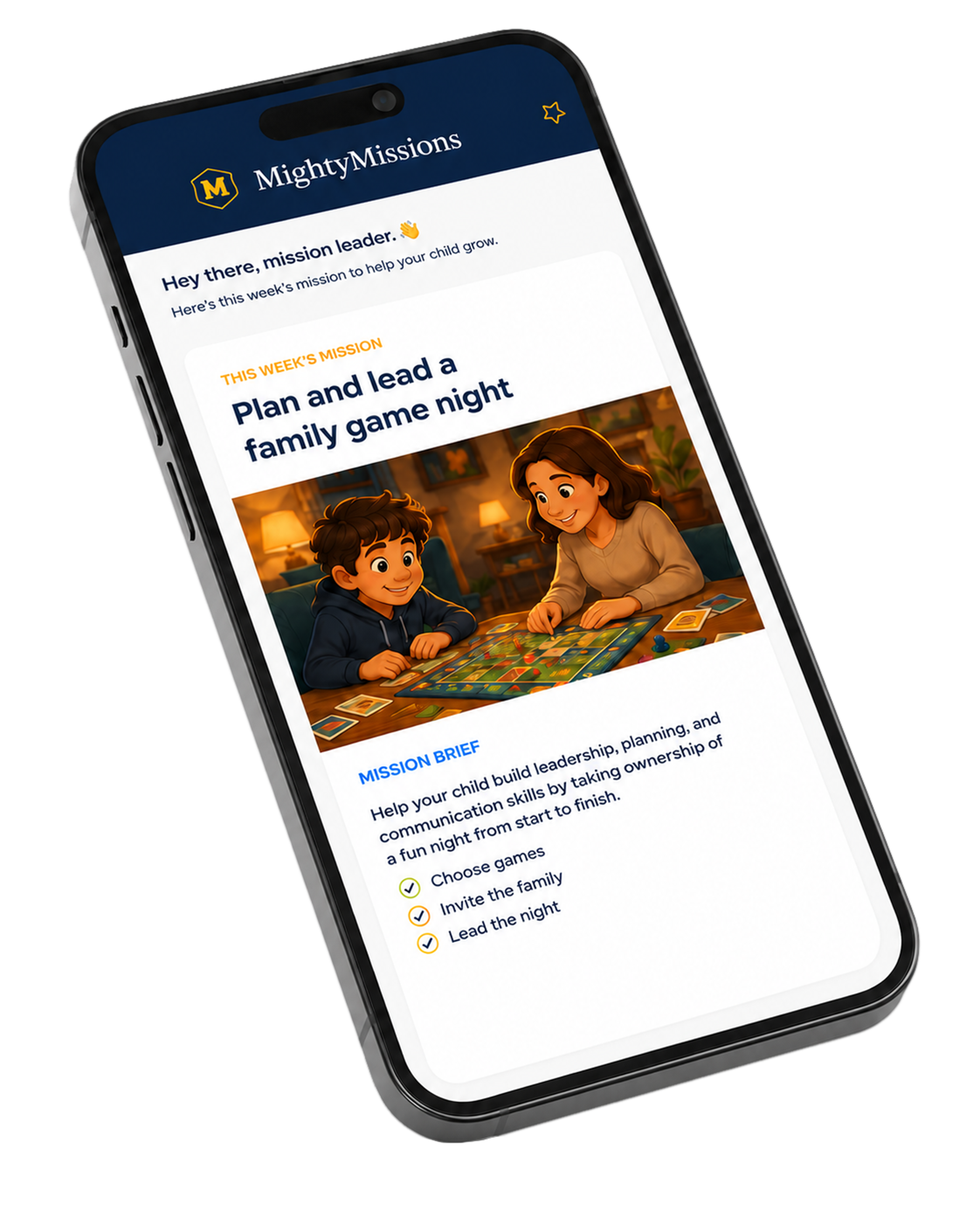 The MightyMissions app showing this week's mission for your child.